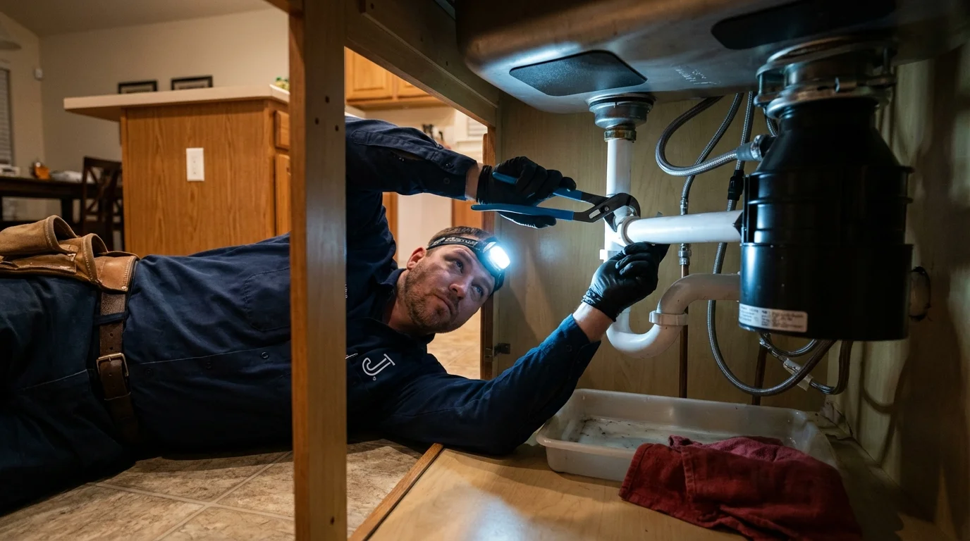P-trap and supply line connections under a kitchen sink showing a common leak point in Windsor, WI
